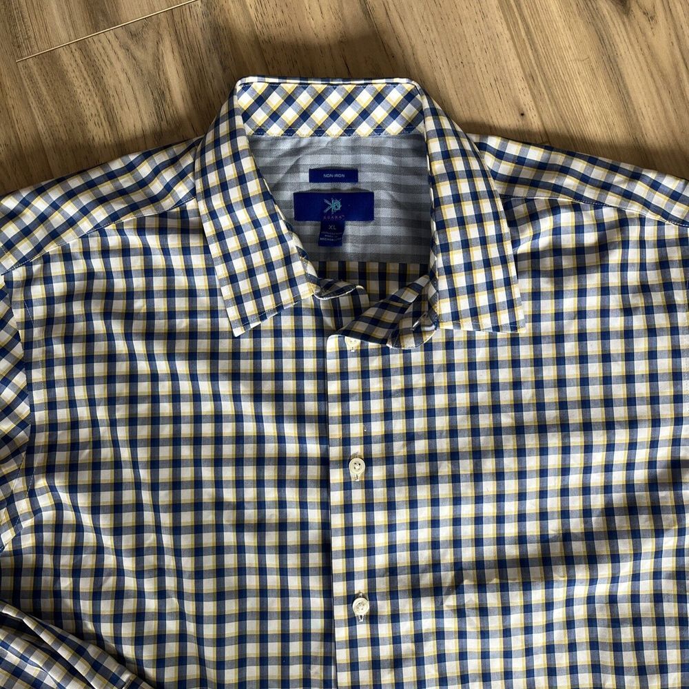Egara Shirt Men's XL Blue Yellow Plaid Long Sleeve Button Up Dress Casual